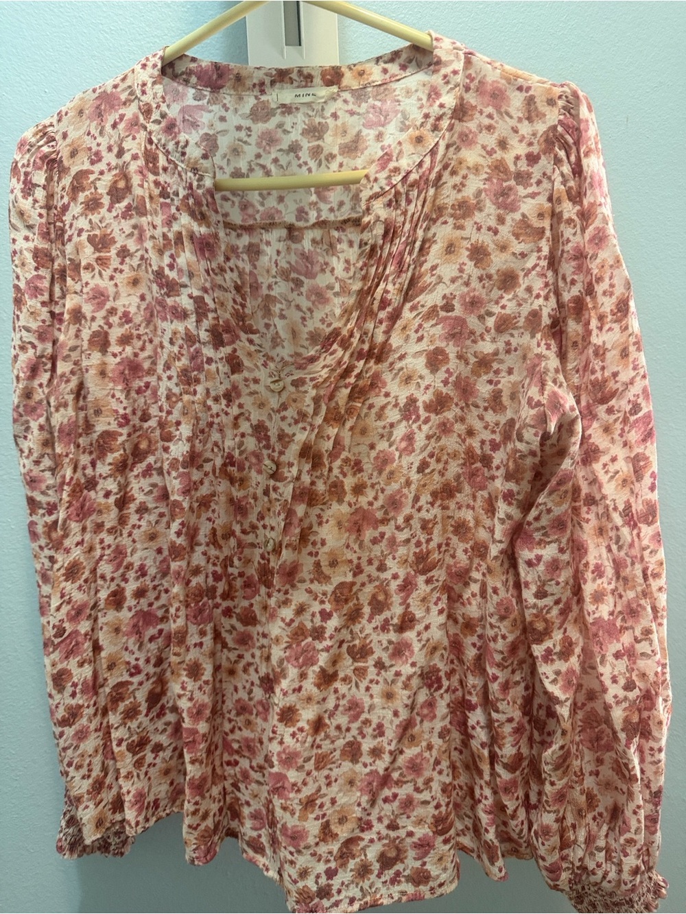 mine Floral V-Neck Long-Sleeve Blouse - Pink, Brown on Cream